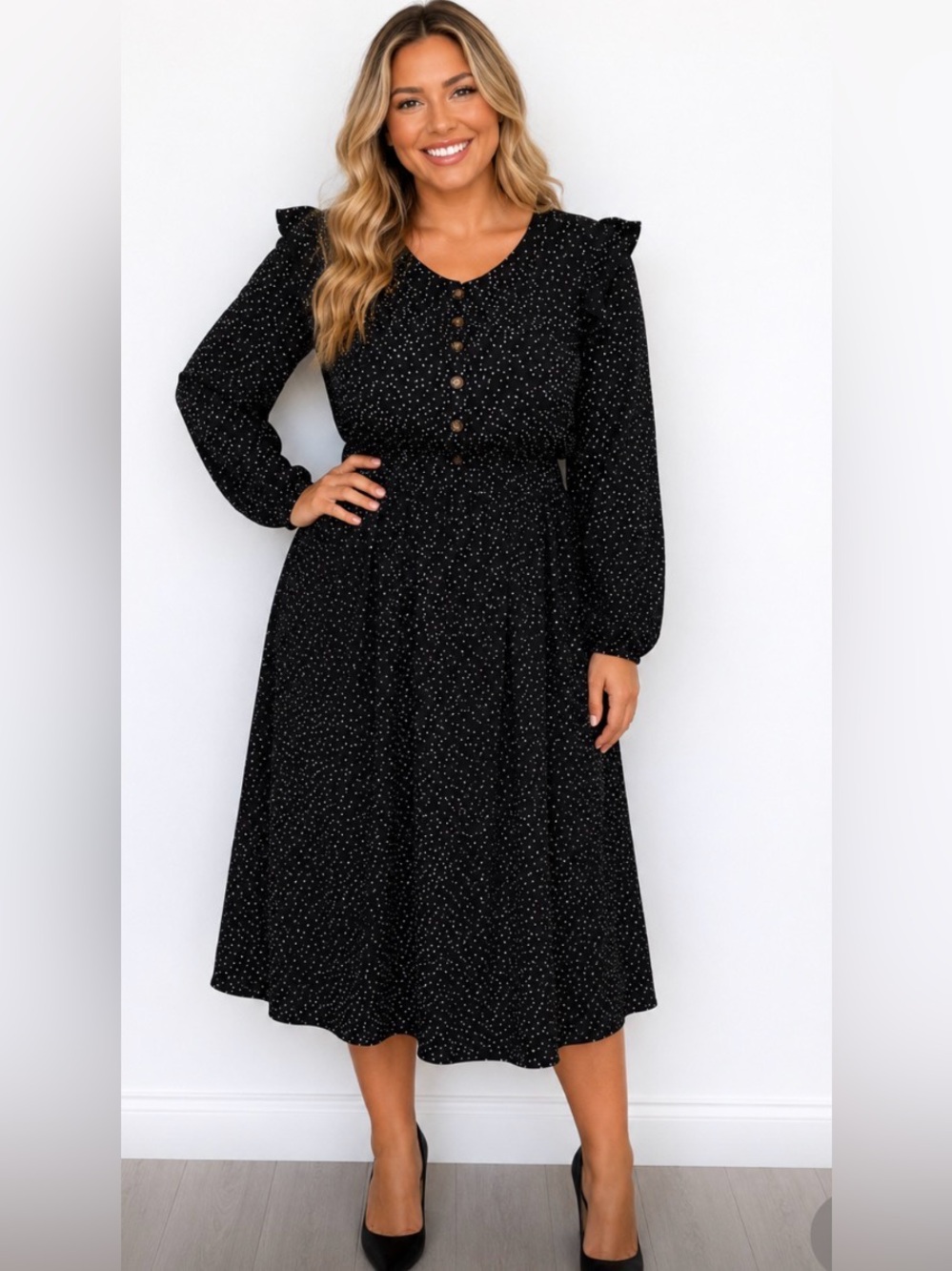 Classic Black Dot Midi Dress XL Modest Office Church Business Casual